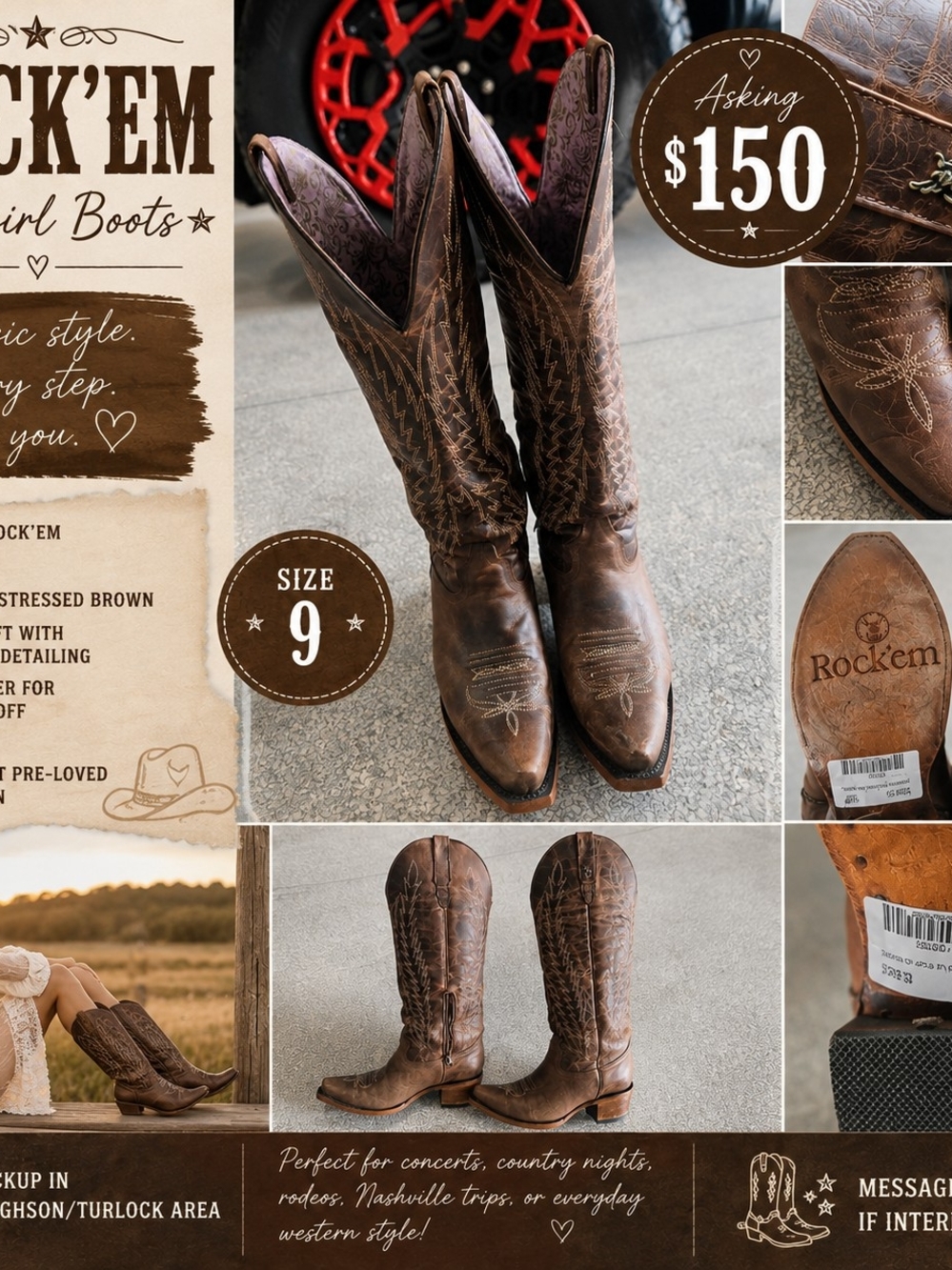 Rock'em Women's Distressed Brown Leather Heeled Cowboy Boots - Brown